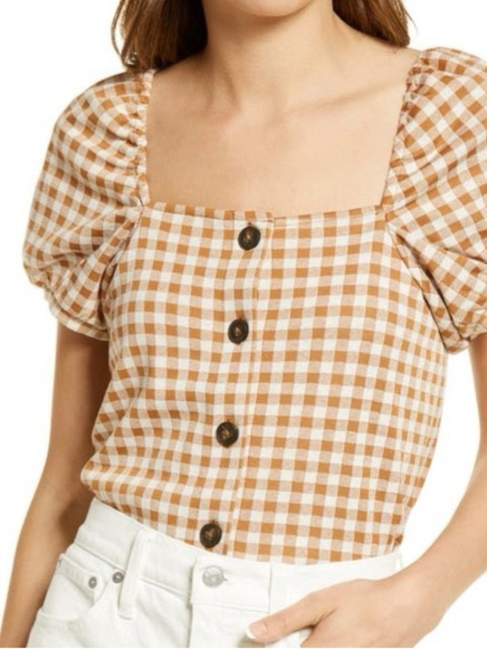 Madewell Brown and White Gingham Square-Neck Button Front Top